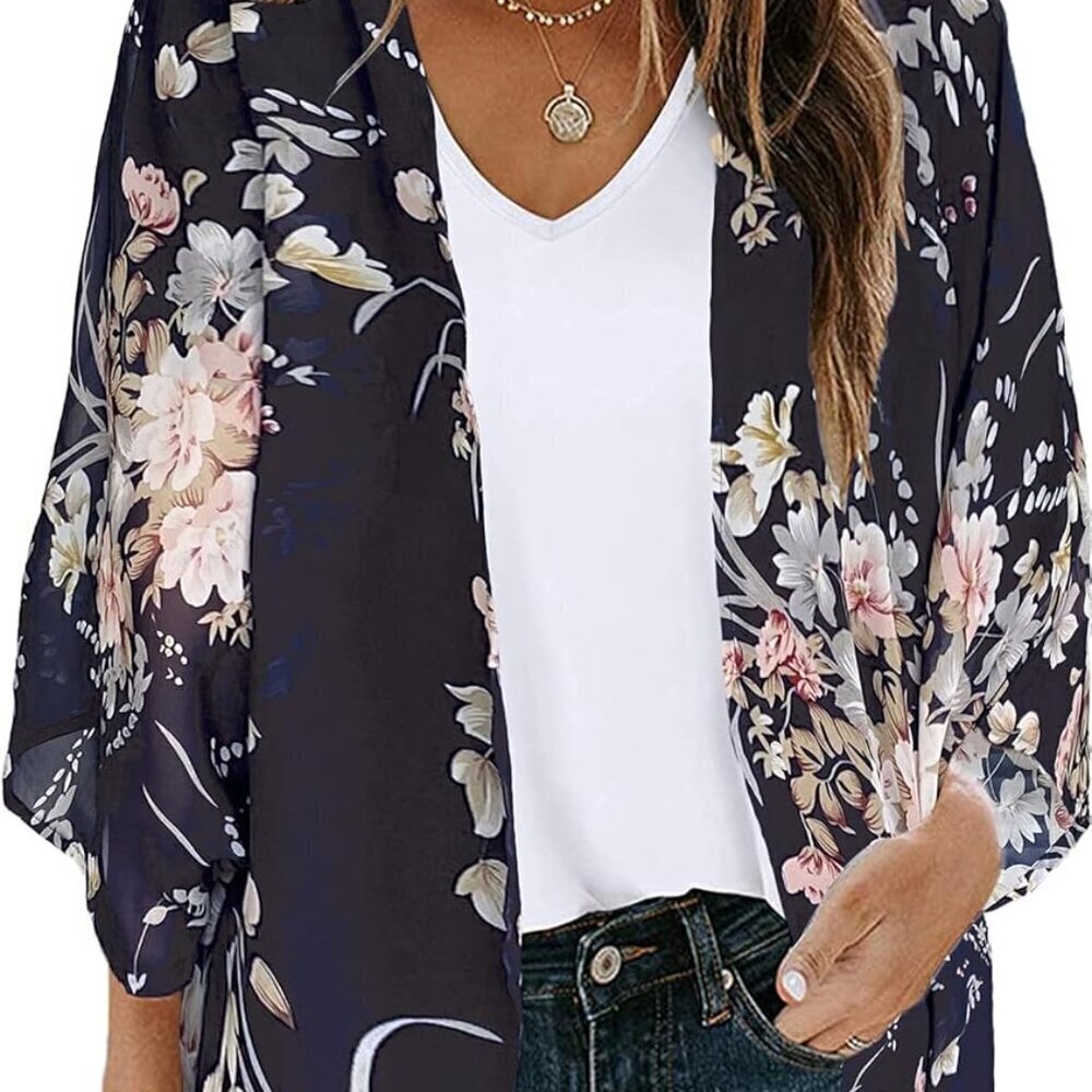 Women's Floral Print Puff Sleeve Kimono Cover Up Casual Summer Tops